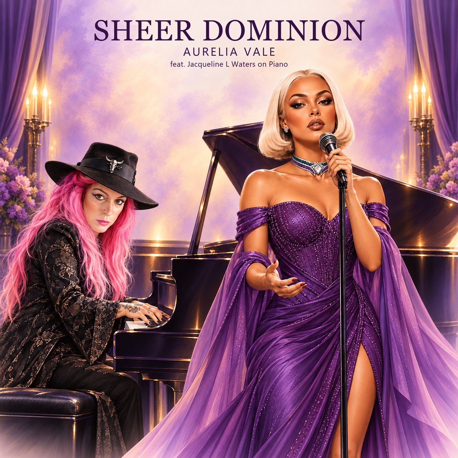 Sheer Dominion cover featuring Jacqueline L Waters at a grand piano and Aurelia Vale singing in a violet gown and jeweled collar